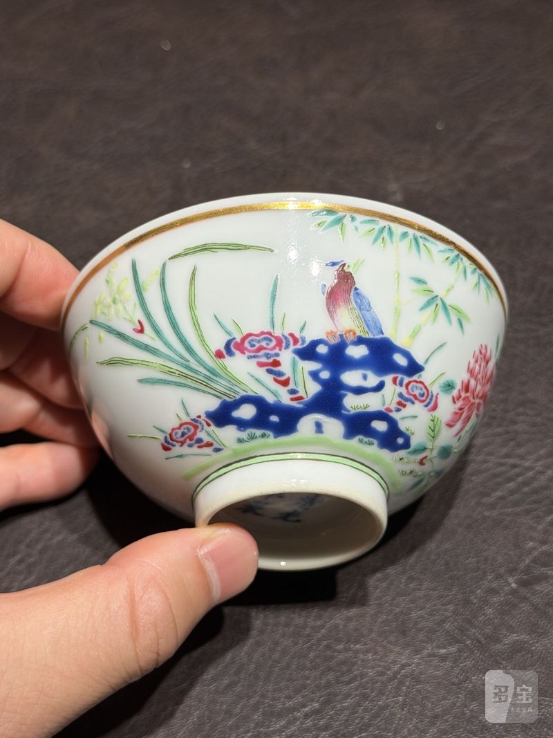 清光绪 粉彩洞石花鸟茶圆 - 图5